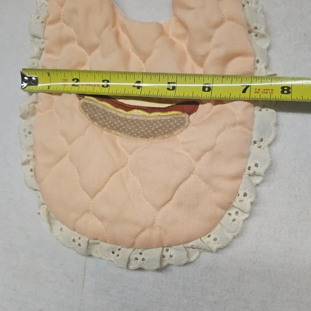 Handmade Hot Dog Peach Quilted Baby Bib Ruffle Lace Trim Satin Bow Vintage
